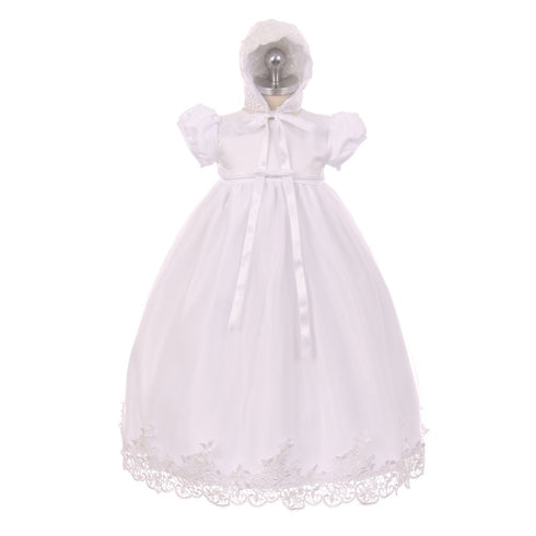 Rain Kids Baby Girls White Lace Satin Tulle Overlay Bonnet Baptism Dress 0-12M - SophiasStyle.com